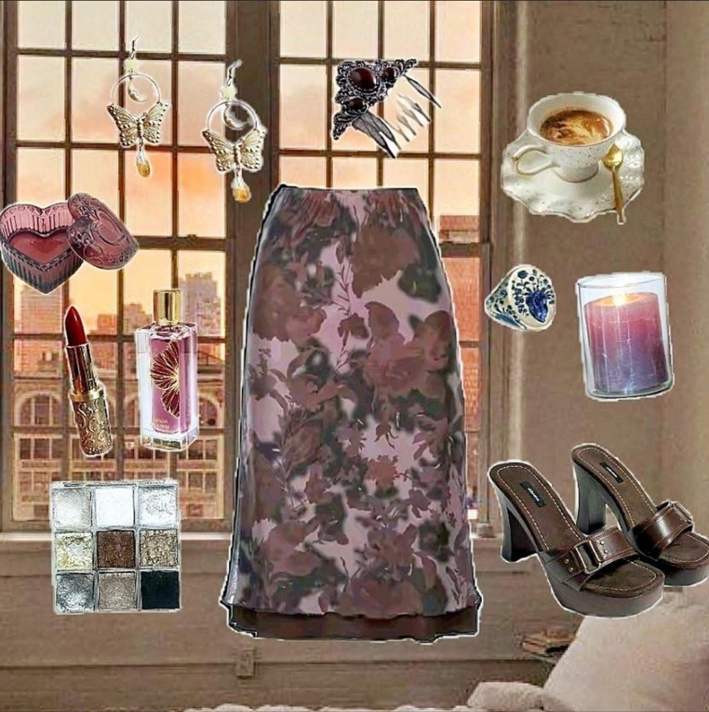 Floral Midi Skirt in Brown and Pink